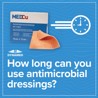 How long can you use antimicrobial wound dressings – DynaMed infographic with MEDCu copper dressing and clock icon on blue background.