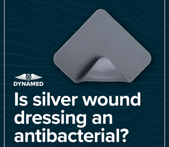 Silver wound dressing displayed with DynaMed branding and the question ‘Is silver wound dressing an antibacterial?’ on a dark patterned background – promoting antimicrobial benefits for wound care.