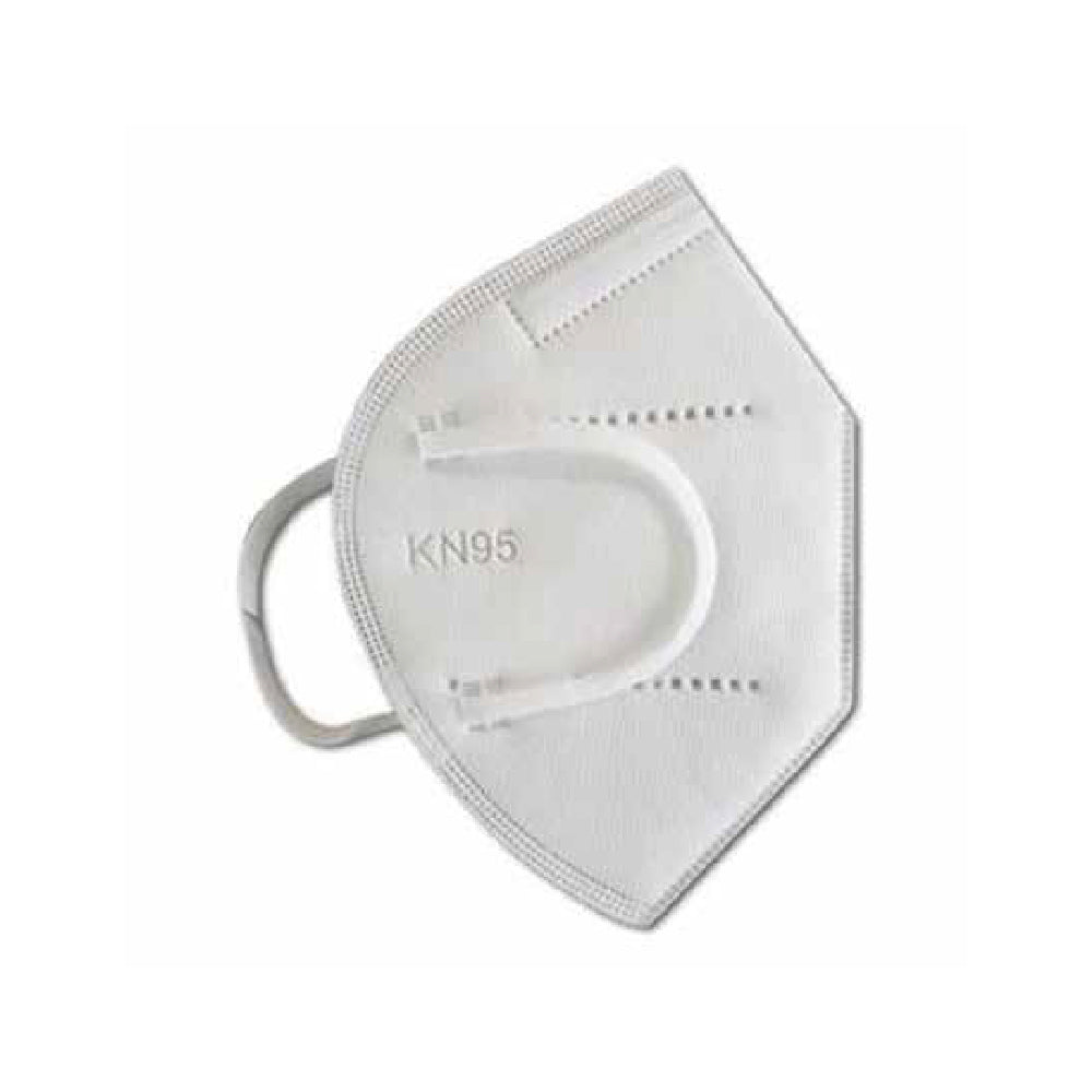 A white KN95 protective mask with a metal nose clip and adjustable strap.