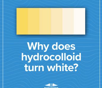 Why does hydrocolloid turn white – DynaMed infographic showing color transition from yellow to white on a blue background.