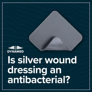 Silver wound dressing displayed with DynaMed branding and the question ‘Is silver wound dressing an antibacterial?’ on a dark patterned background – promoting antimicrobial benefits for wound care.